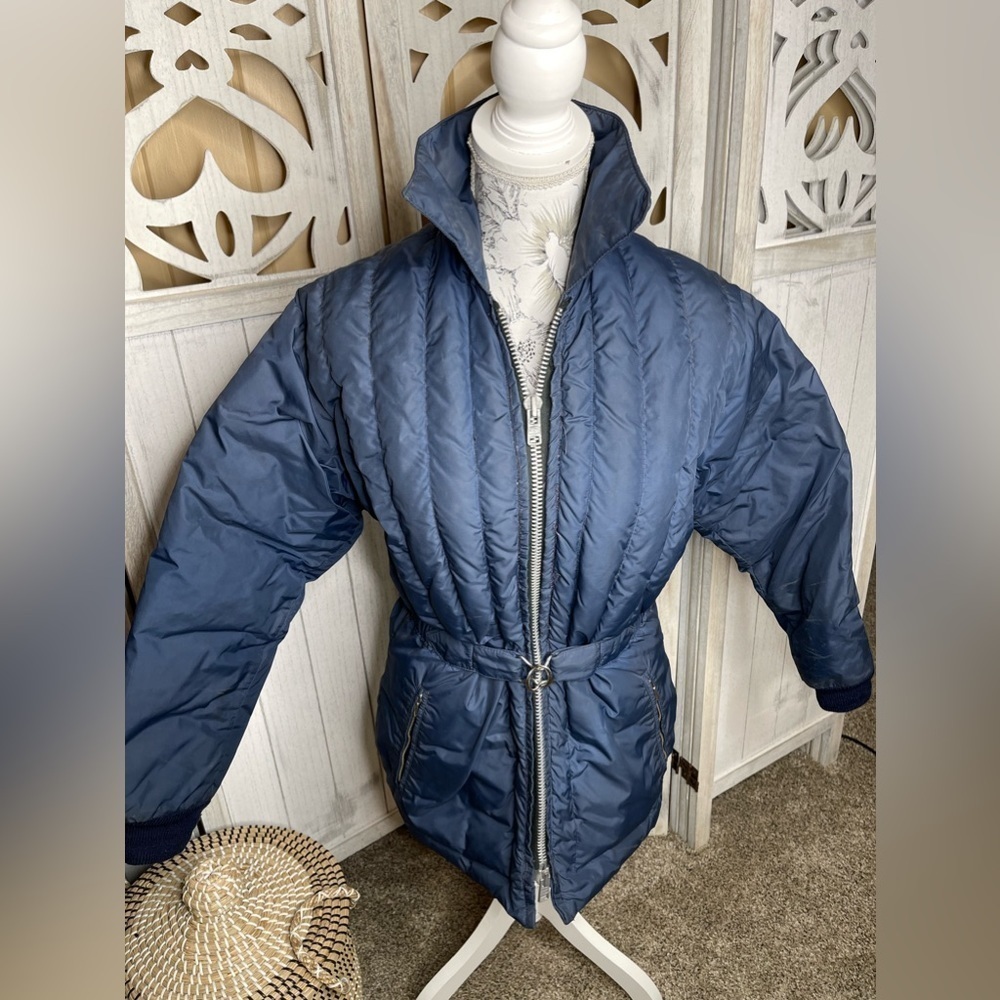 Vintage Tempco Blue Down Puffer Coat Jacket Hooded Sz 10 tie Belt Zip Front